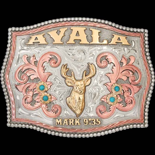 "Our Cimmaron Custom Belt Buckle embodies the rugged beauty and the timeless spirit of the Western frontier. With intricate Copper scrollwork on a hand-engraved, German Silver base and turquoise stones, this buckle design flaunts a southwestern flair